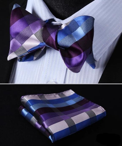 100%Silk BowTie w/ Pocket Square Handkerchief Violet/ Blue Fashion - by Goodies Realm