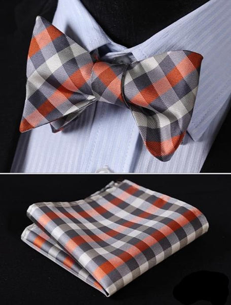 100%Silk BowTie w/ Pocket Square Handkerchief Tangerine/ Grey Fashion - by Goodies Realm