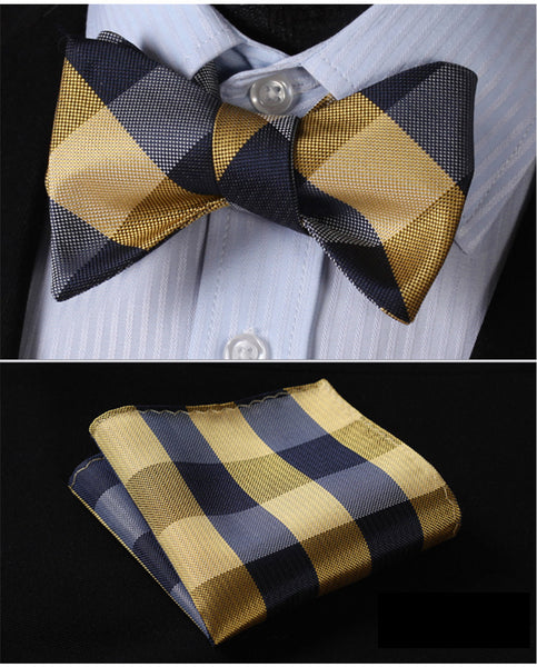 100%Silk BowTie w/ Pocket Square Handkerchief Beige/ Black Fashion - by Goodies Realm