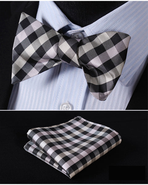 100%Silk BowTie w/ Pocket Square Handkerchief Black/ off white Fashion - by Goodies Realm