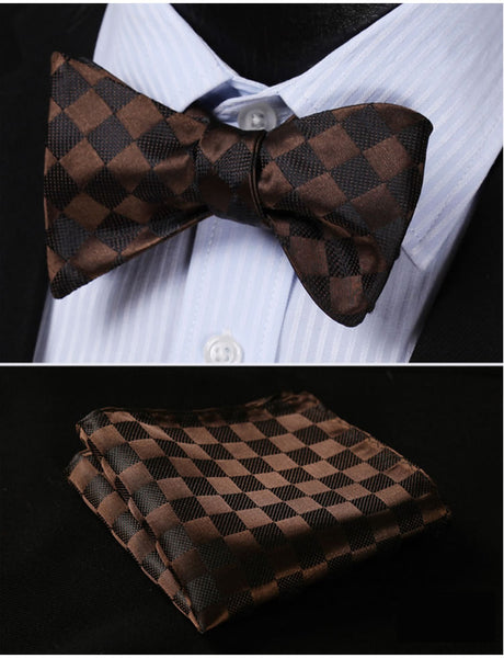 100%Silk BowTie w/ Pocket Square Handkerchief Chocolate/ Black Fashion - by Goodies Realm