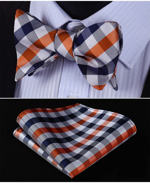 100%Silk BowTie w/ Pocket Square Handkerchief Tangerine/ Navy Fashion - by Goodies Realm