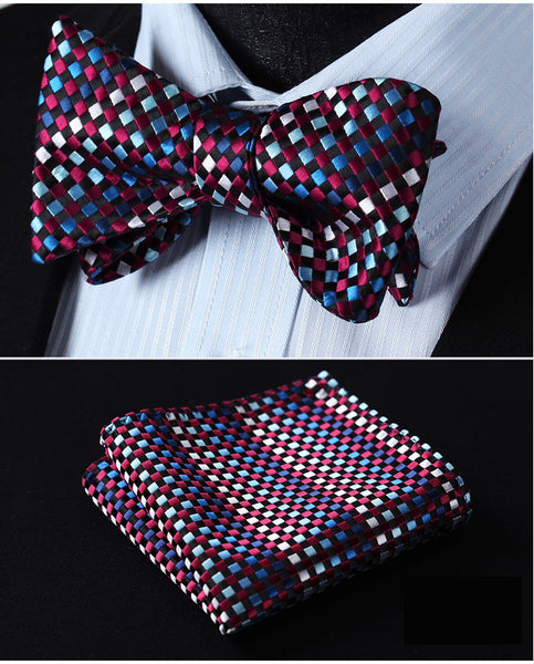 100%Silk BowTie w/ Pocket Square Handkerchief wine Red/ Blue Fashion - by Goodies Realm