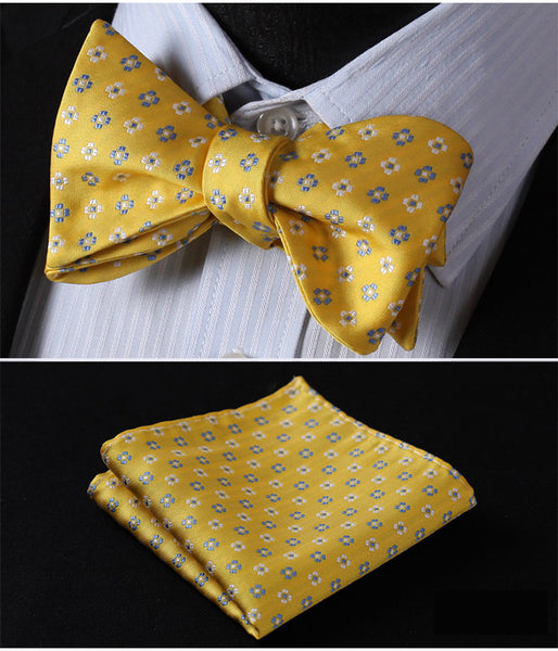 100%Silk BowTie w/ Pocket Square Handkerchief Yellow Fashion - by Goodies Realm