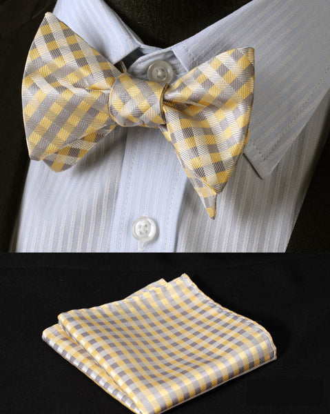 100%Silk BowTie w/ Pocket Square Handkerchief Yellow/ Grey Fashion - by Goodies Realm