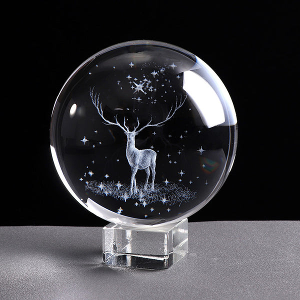 3D Laser Engraved Wapiti Crystal Ball 80mm / With Crystal Base Home decor - by Goodies Realm