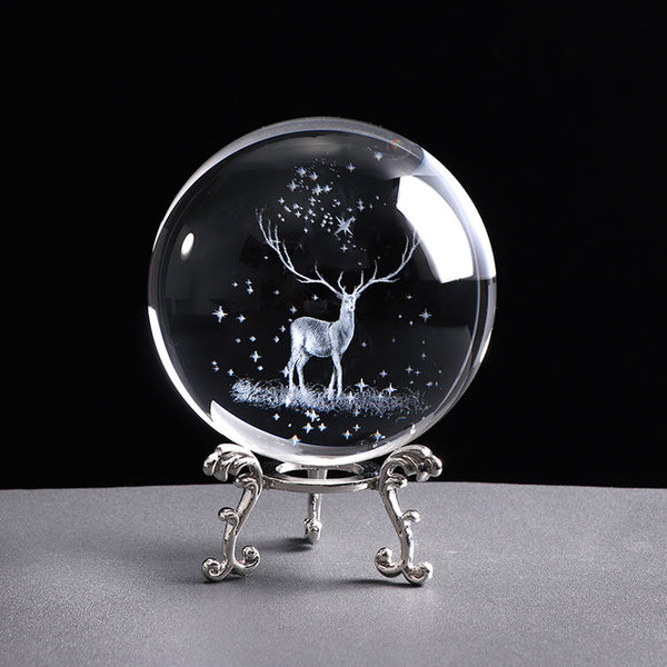 3D Laser Engraved Wapiti Crystal Ball 80mm / With Silver Base Home decor - by Goodies Realm